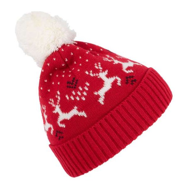 Winter Beanie With Reindeer Design – Cherry Red/Natural