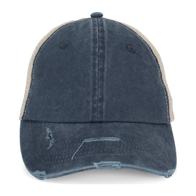 Eco-Friendly Unisex Ripped Effect Trucker Cap – Washed Navy Blue/Beige